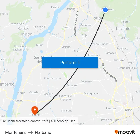 Montenars to Flaibano map