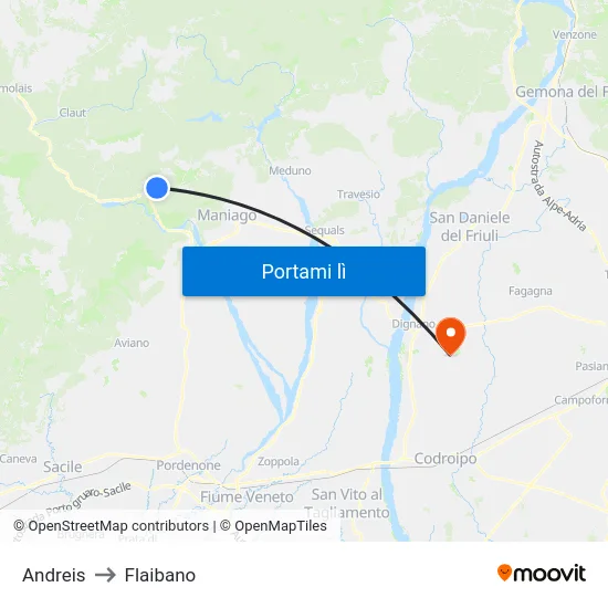 Andreis to Flaibano map