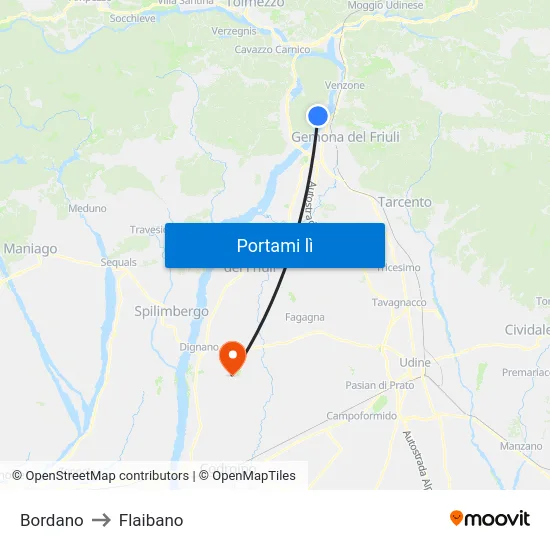Bordano to Flaibano map