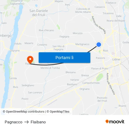Pagnacco to Flaibano map