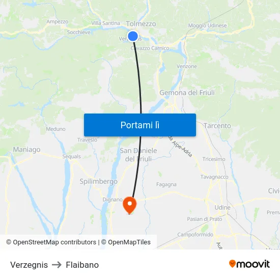Verzegnis to Flaibano map
