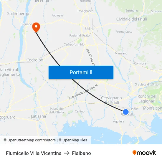 Fiumicello Villa Vicentina to Flaibano map