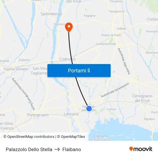 Palazzolo Dello Stella to Flaibano map