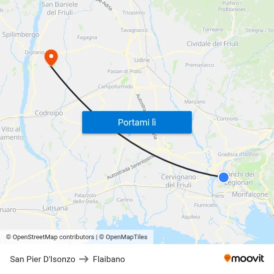San Pier D'Isonzo to Flaibano map