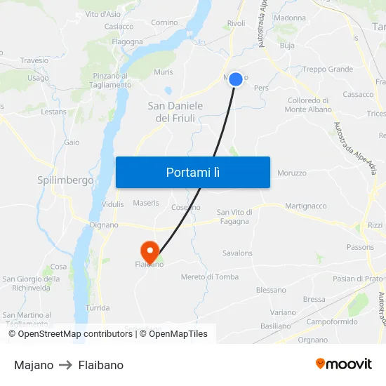 Majano to Flaibano map