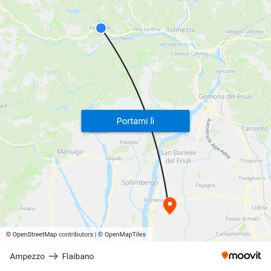 Ampezzo to Flaibano map