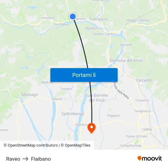 Raveo to Flaibano map