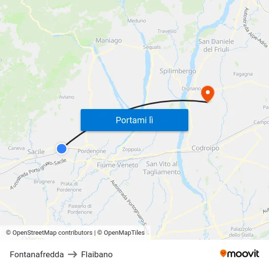 Fontanafredda to Flaibano map