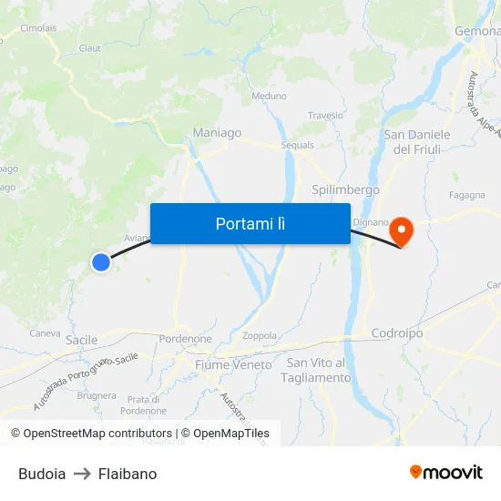 Budoia to Flaibano map