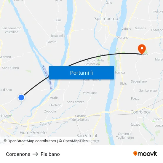 Cordenons to Flaibano map