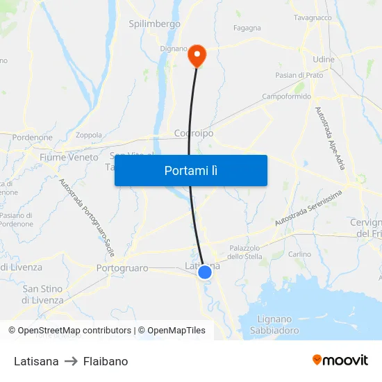 Latisana to Flaibano map