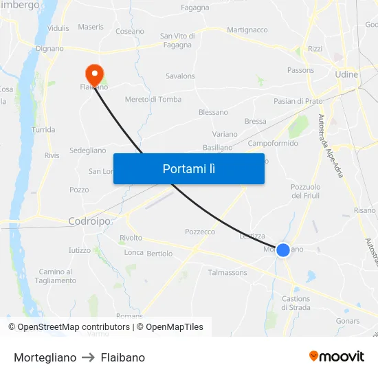 Mortegliano to Flaibano map