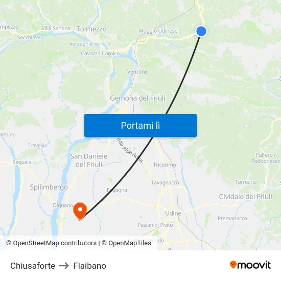 Chiusaforte to Flaibano map