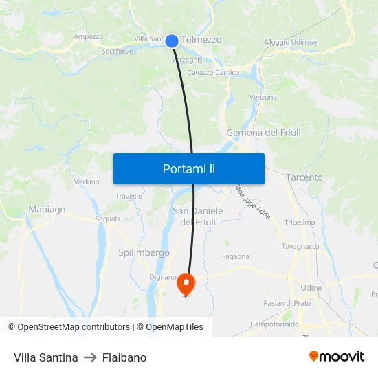 Villa Santina to Flaibano map