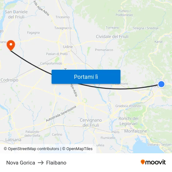 Nova Gorica to Flaibano map