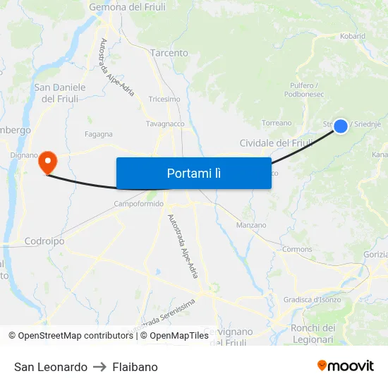 San Leonardo to Flaibano map