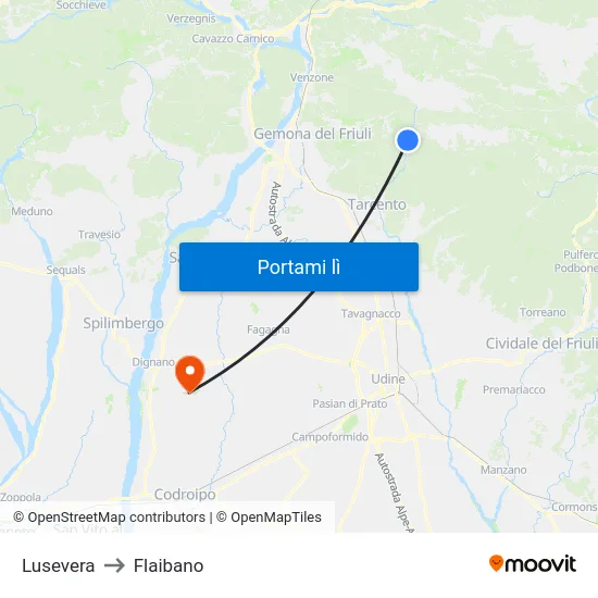 Lusevera to Flaibano map