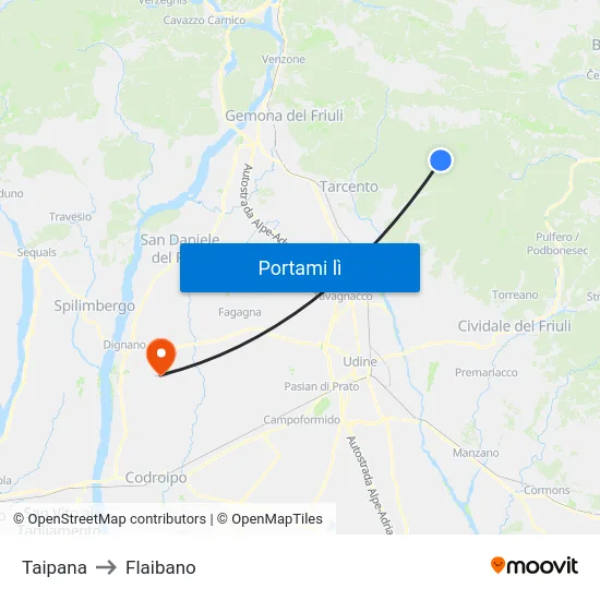 Taipana to Flaibano map