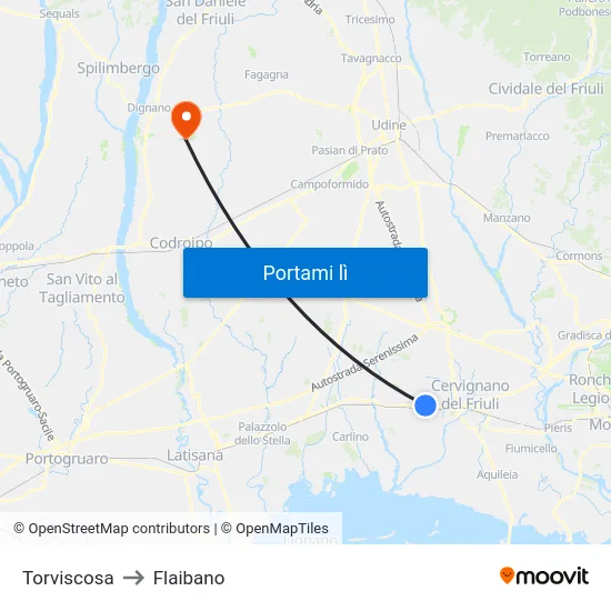 Torviscosa to Flaibano map