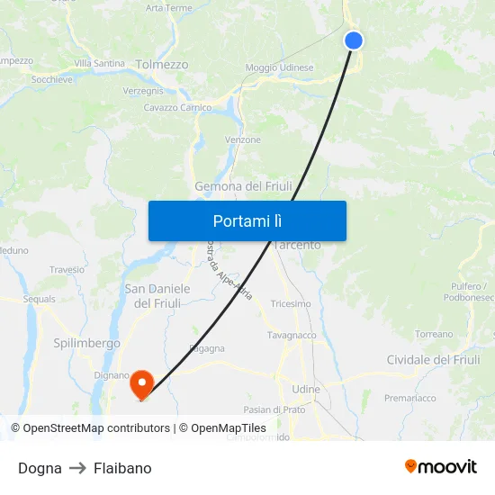 Dogna to Flaibano map