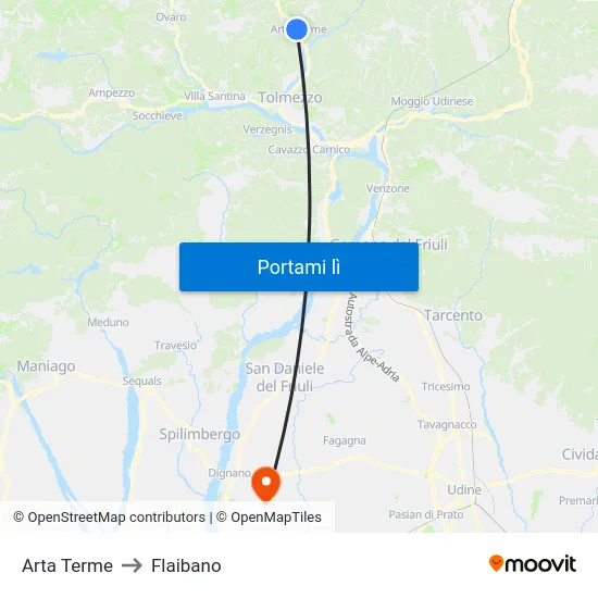 Arta Terme to Flaibano map
