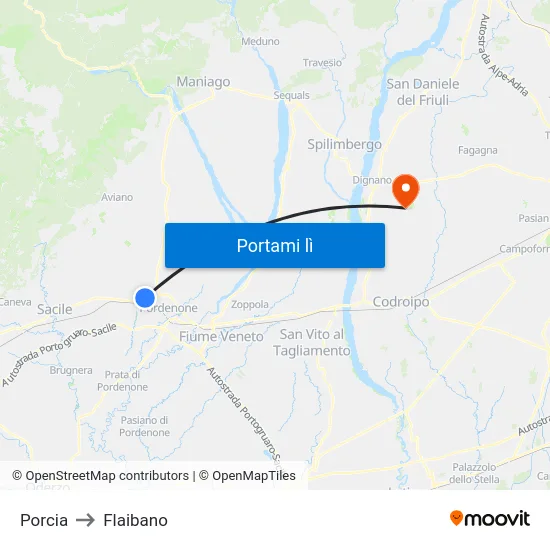Porcia to Flaibano map