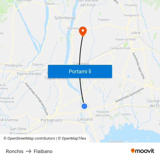 Ronchis to Flaibano map