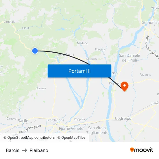 Barcis to Flaibano map