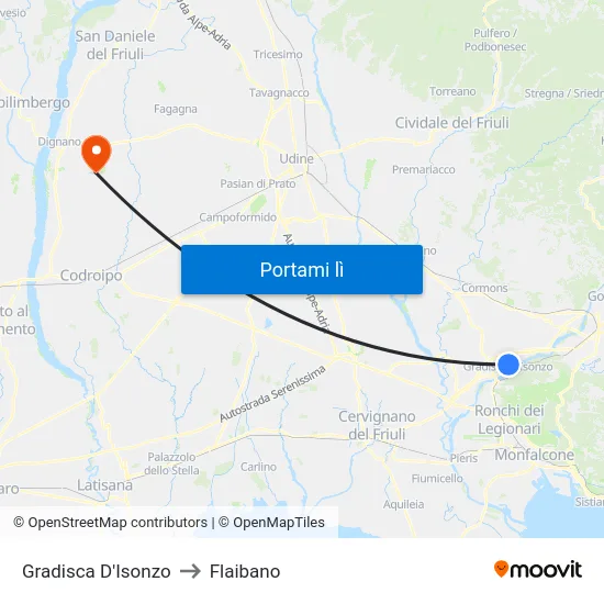 Gradisca D'Isonzo to Flaibano map
