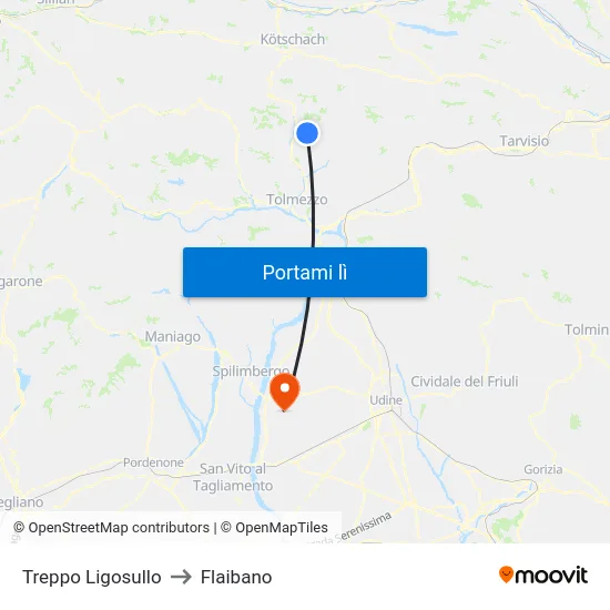 Treppo Ligosullo to Flaibano map
