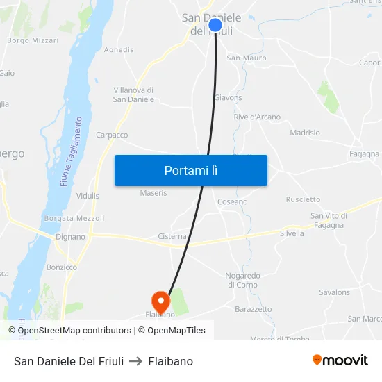San Daniele Del Friuli to Flaibano map