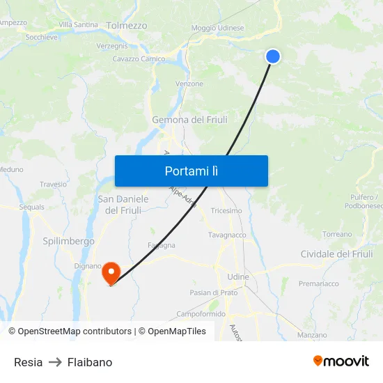 Resia to Flaibano map