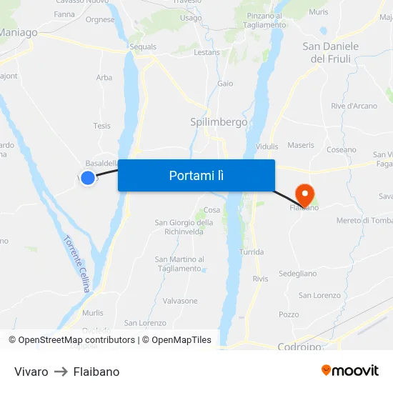Vivaro to Flaibano map