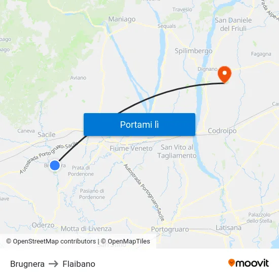 Brugnera to Flaibano map