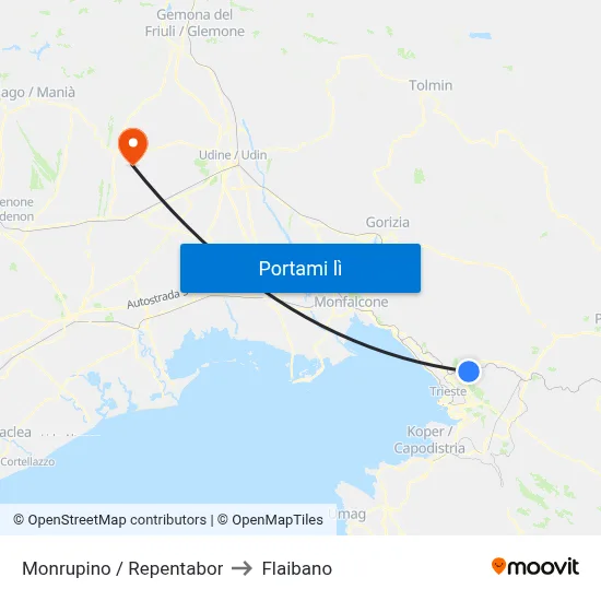 Monrupino / Repentabor to Flaibano map