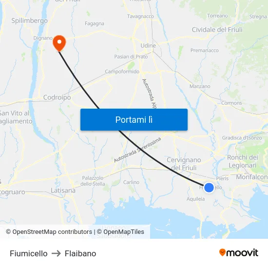 Fiumicello to Flaibano map
