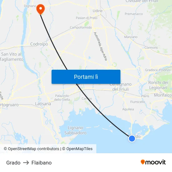 Grado to Flaibano map