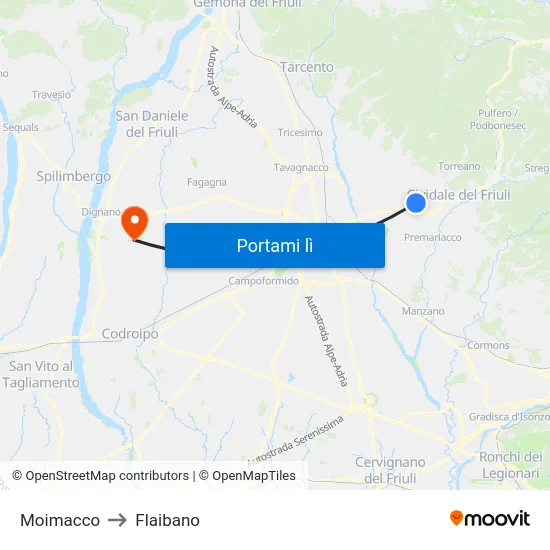Moimacco to Flaibano map