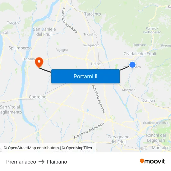 Premariacco to Flaibano map