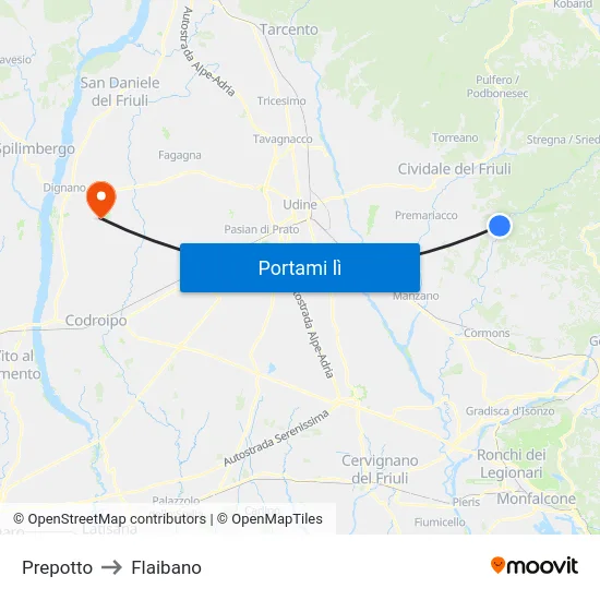 Prepotto to Flaibano map
