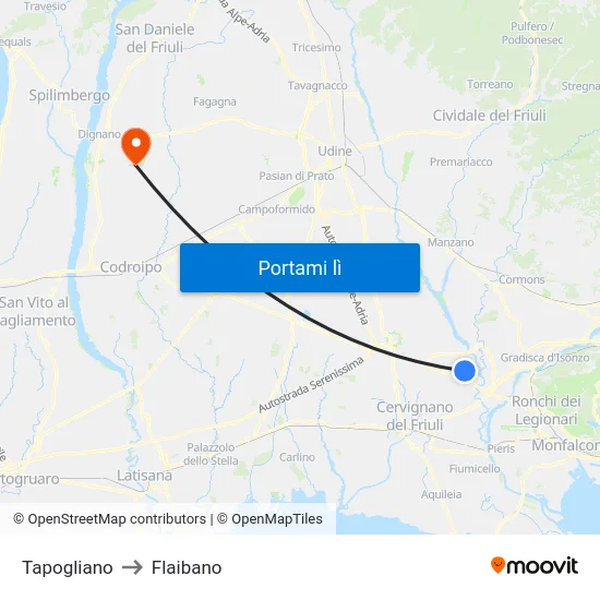 Tapogliano to Flaibano map
