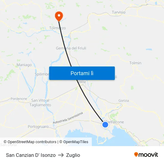 San Canzian D' Isonzo to Zuglio map