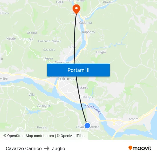 Cavazzo Carnico to Zuglio map