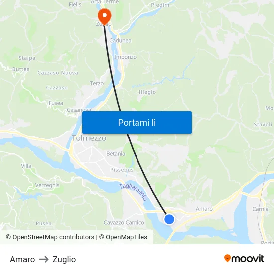 Amaro to Zuglio map