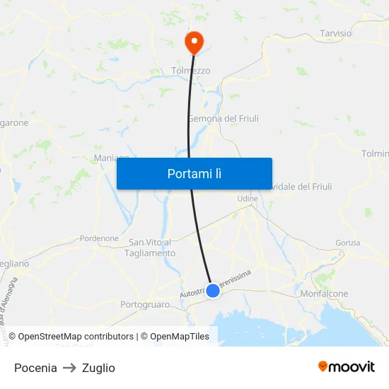 Pocenia to Zuglio map