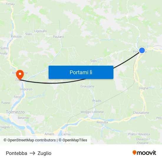 Pontebba to Zuglio map