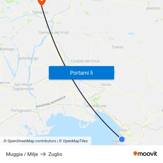 Muggia / Milje to Zuglio map
