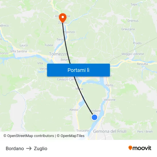Bordano to Zuglio map