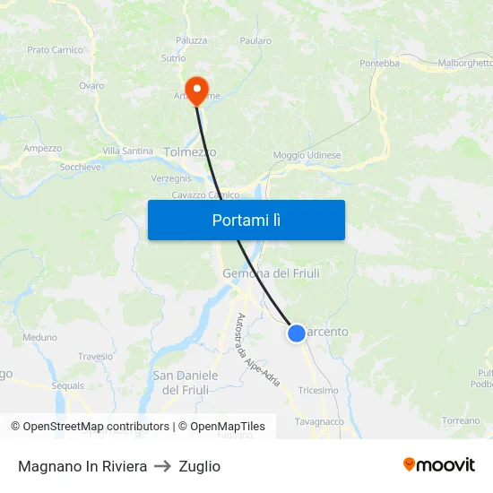 Magnano In Riviera to Zuglio map