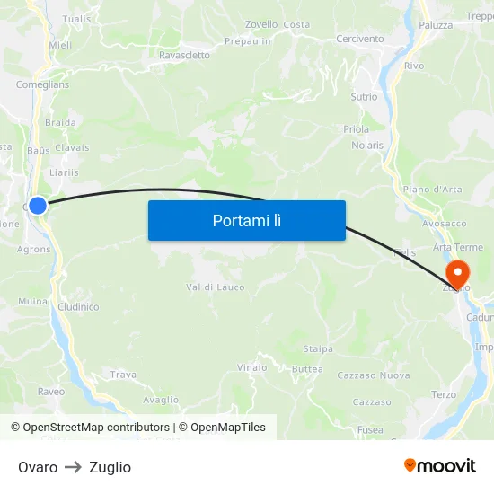 Ovaro to Zuglio map